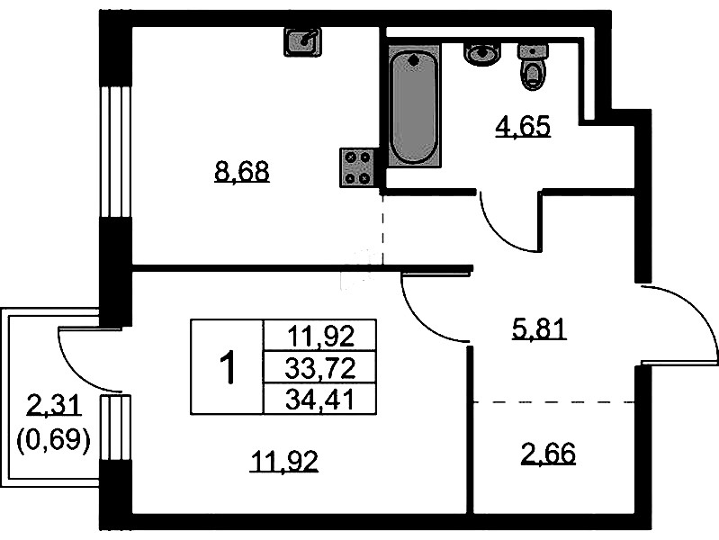 1-комнатная квартира 34.41 м², 2/9 эт., ЖК «Квартал Лаголово»